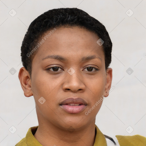 Neutral black young-adult female with short  brown hair and brown eyes