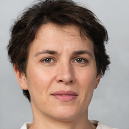 Joyful white adult female with short  brown hair and brown eyes