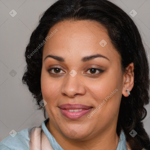 Joyful latino young-adult female with medium  brown hair and brown eyes