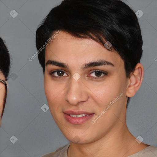 Joyful white young-adult female with short  brown hair and brown eyes