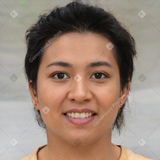 Joyful asian young-adult female with short  brown hair and brown eyes