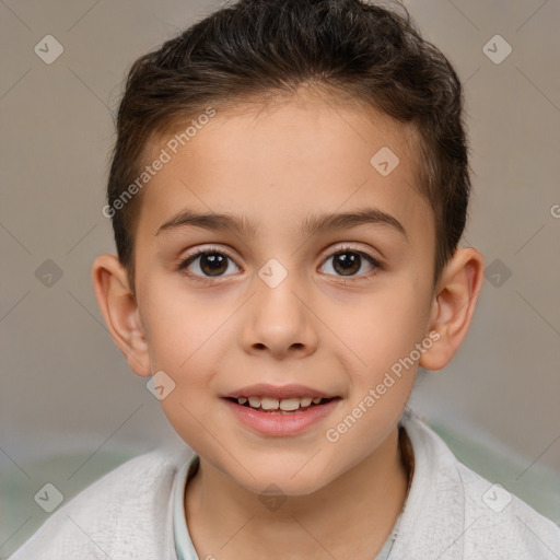 Joyful white child female with short  brown hair and brown eyes