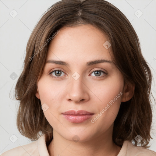 Neutral white young-adult female with medium  brown hair and green eyes