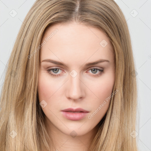 Neutral white young-adult female with long  brown hair and brown eyes