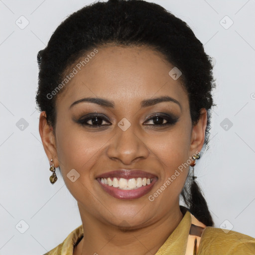 Joyful latino young-adult female with long  brown hair and brown eyes