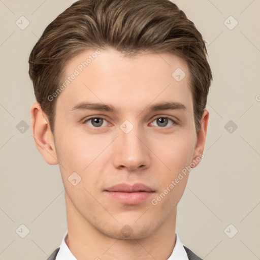 Neutral white young-adult male with short  brown hair and brown eyes