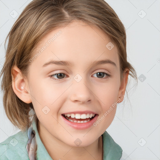 Joyful white child female with medium  brown hair and brown eyes