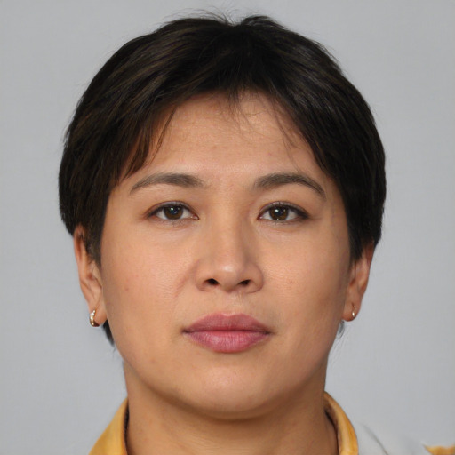 Neutral asian young-adult female with short  brown hair and brown eyes