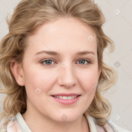 Joyful white young-adult female with medium  brown hair and blue eyes