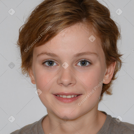 Joyful white child female with medium  brown hair and blue eyes