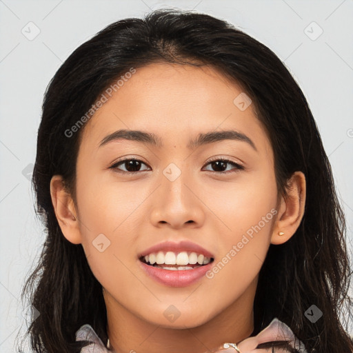 Joyful white young-adult female with long  brown hair and brown eyes