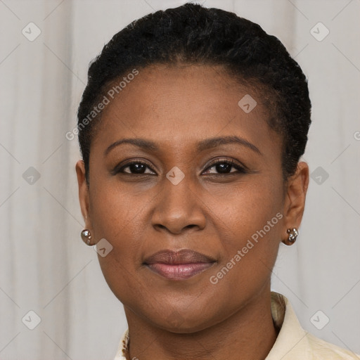 Joyful black young-adult female with short  brown hair and brown eyes