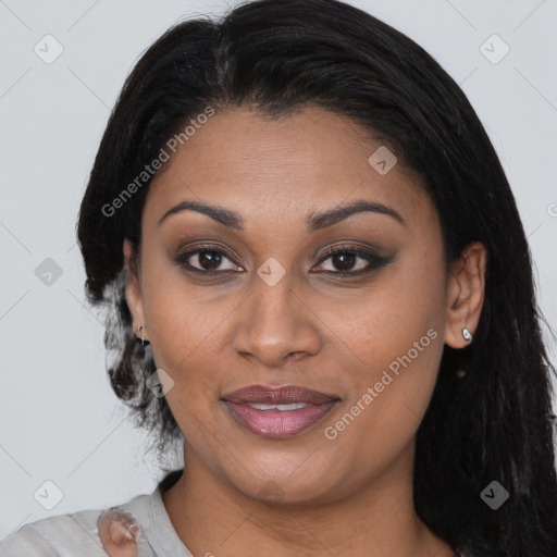 Joyful latino young-adult female with medium  brown hair and brown eyes