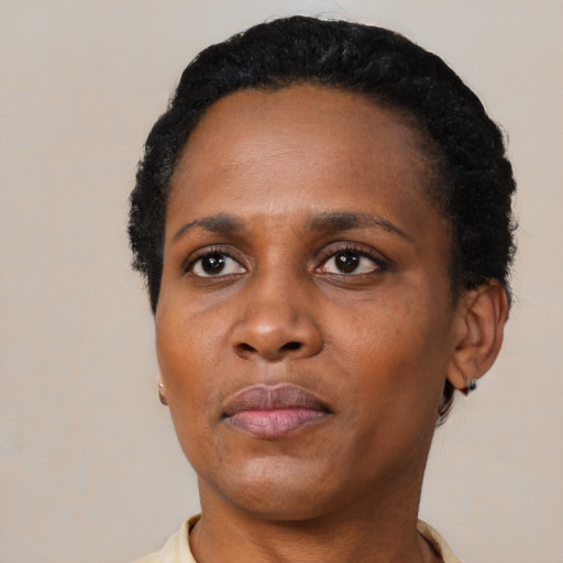 Neutral black adult female with short  black hair and brown eyes