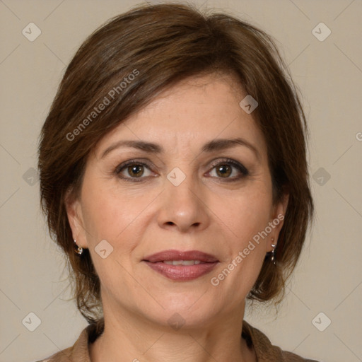 Joyful white adult female with medium  brown hair and brown eyes