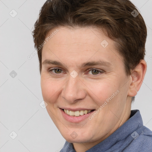 Joyful white adult female with short  brown hair and brown eyes