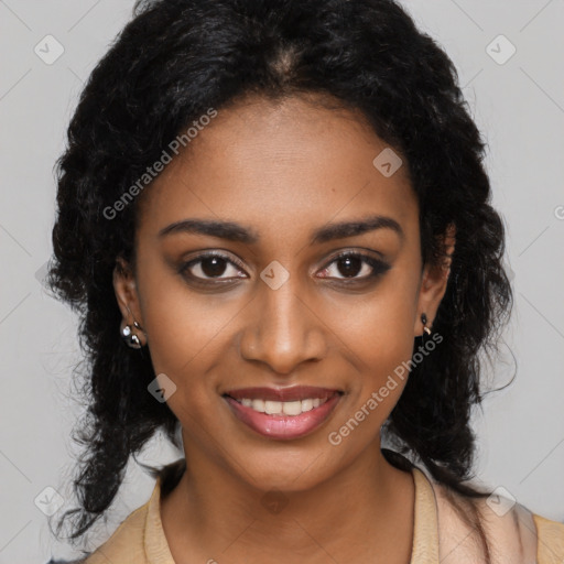 Joyful black young-adult female with long  brown hair and brown eyes