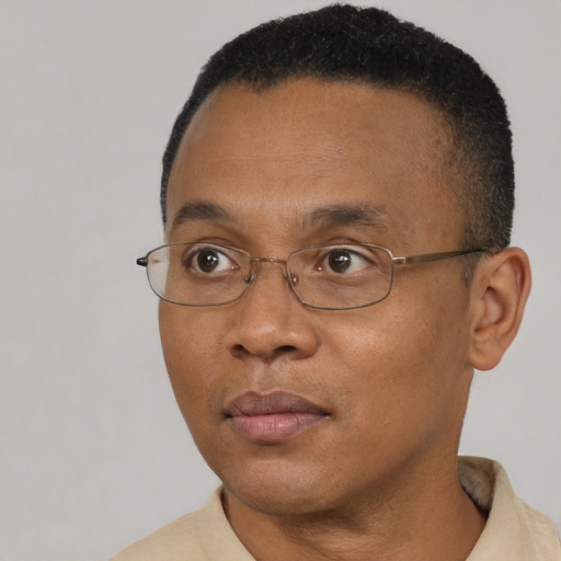 Neutral black adult male with short  brown hair and brown eyes
