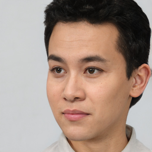 Neutral asian young-adult male with short  black hair and brown eyes