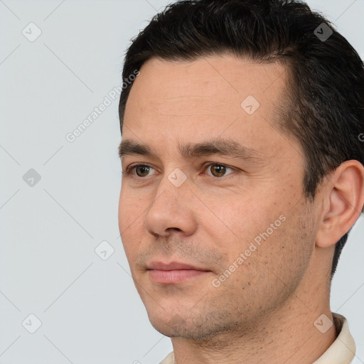 Neutral white young-adult male with short  brown hair and brown eyes