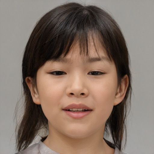 Joyful white child female with medium  brown hair and brown eyes