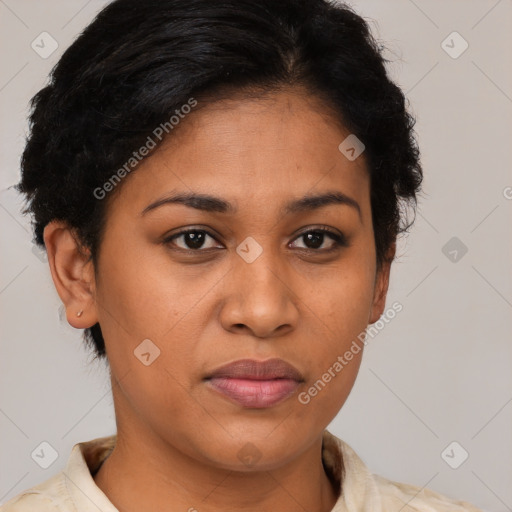 Joyful latino young-adult female with short  brown hair and brown eyes