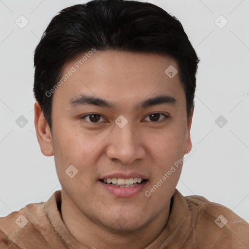 Joyful white young-adult male with short  black hair and brown eyes