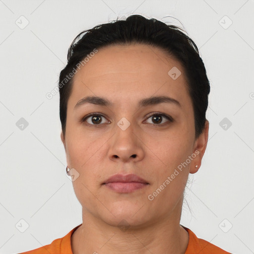 Neutral white young-adult female with short  black hair and brown eyes