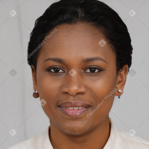 Joyful latino young-adult female with short  black hair and brown eyes
