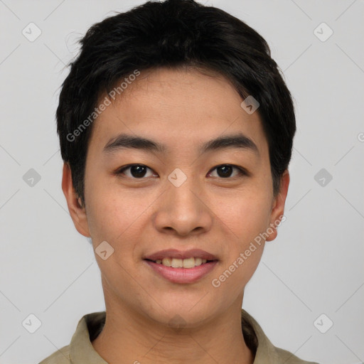 Joyful asian young-adult male with short  black hair and brown eyes