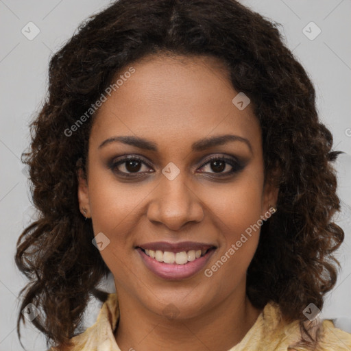 Joyful black young-adult female with medium  brown hair and brown eyes