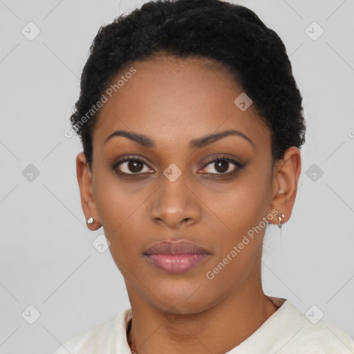 Neutral black young-adult female with short  black hair and brown eyes