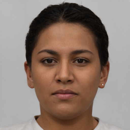 Neutral latino young-adult female with short  brown hair and brown eyes