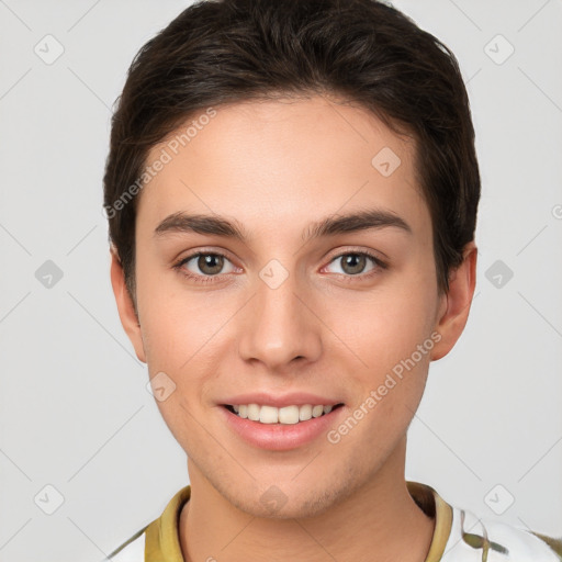 Joyful white young-adult female with short  brown hair and brown eyes