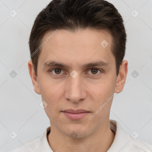 Neutral white young-adult male with short  brown hair and brown eyes