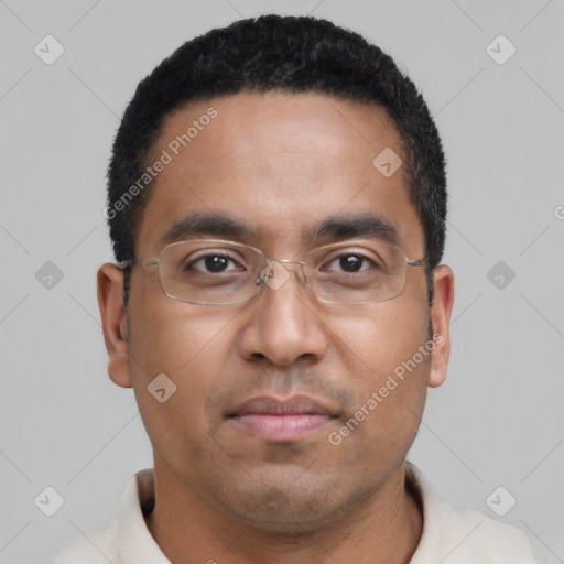 Neutral latino young-adult male with short  black hair and brown eyes