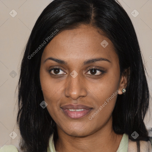 Joyful asian young-adult female with long  black hair and brown eyes