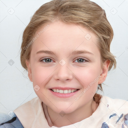 Joyful white child female with medium  brown hair and blue eyes