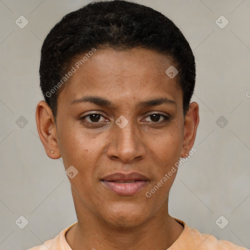 Joyful black young-adult female with short  black hair and brown eyes