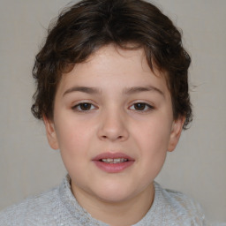 Joyful white child female with short  brown hair and brown eyes