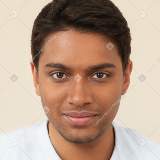 Joyful white young-adult male with short  brown hair and brown eyes