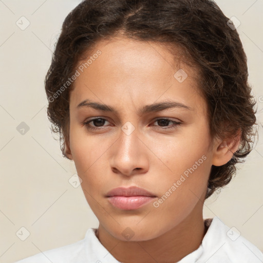 Neutral white young-adult female with short  brown hair and brown eyes