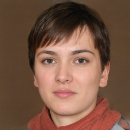 Neutral white young-adult female with short  brown hair and brown eyes