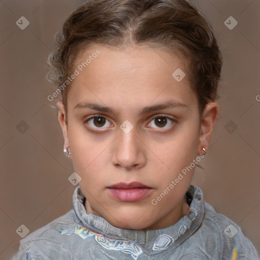 Neutral white young-adult female with short  brown hair and brown eyes