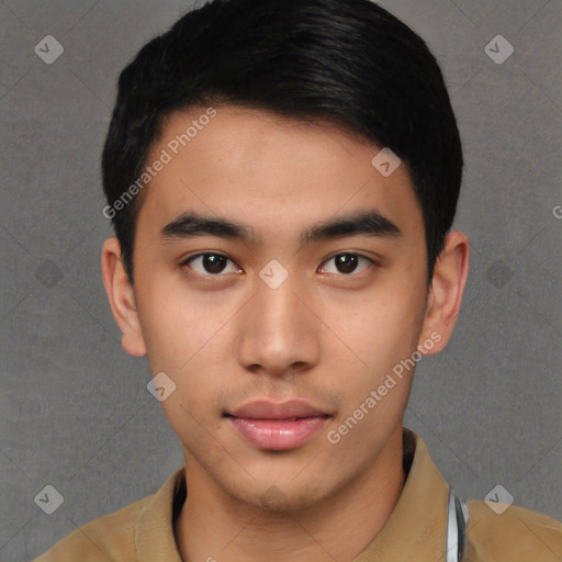 Neutral asian young-adult male with short  black hair and brown eyes