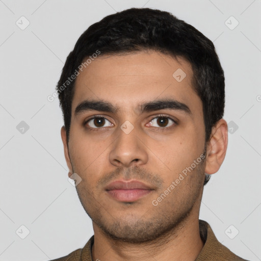 Neutral latino young-adult male with short  black hair and brown eyes