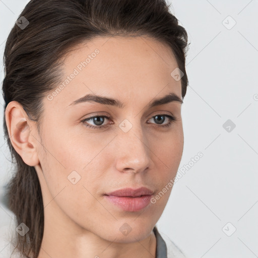 Neutral white young-adult female with medium  brown hair and brown eyes