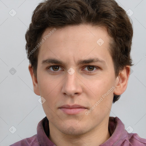 Neutral white young-adult male with short  brown hair and grey eyes