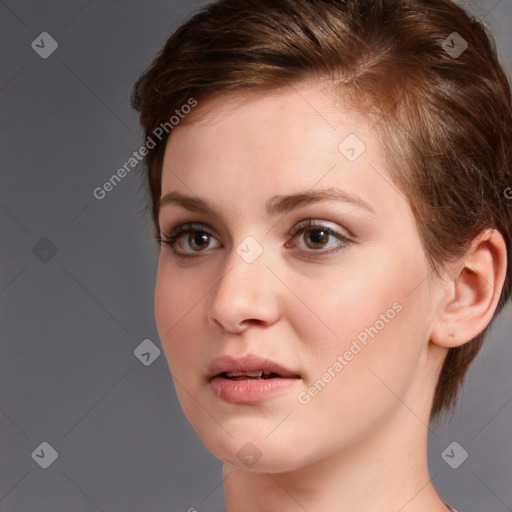 Neutral white young-adult female with medium  brown hair and brown eyes