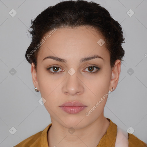 Neutral white young-adult female with short  brown hair and brown eyes